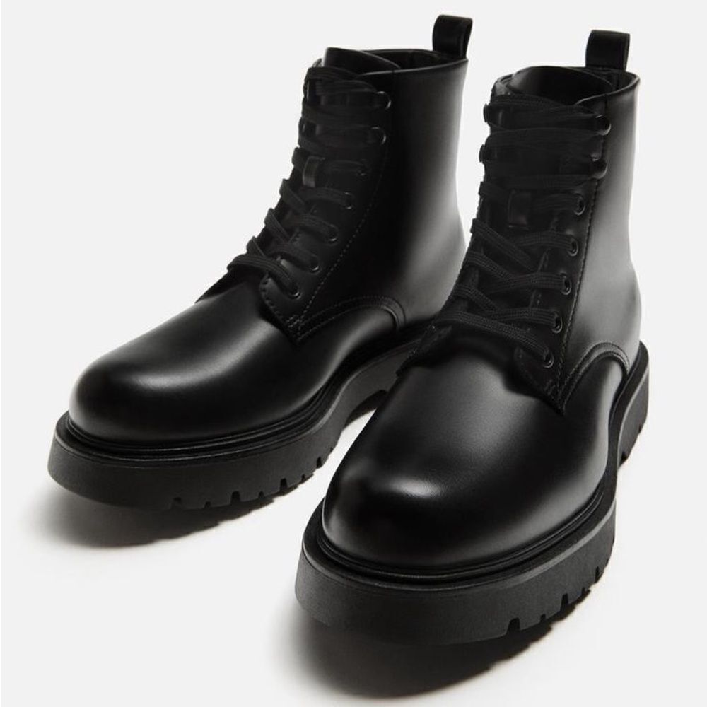 Zara Vegan Leather Chunky Lace Up Boots - Picture 2 of 12